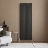 Schwarzer Gliederheizkörper mit vertikalen Lamellen, 1800mm x 600mm, elegant an einer modernen Wand in einem stilvollen Wohnraum montiert