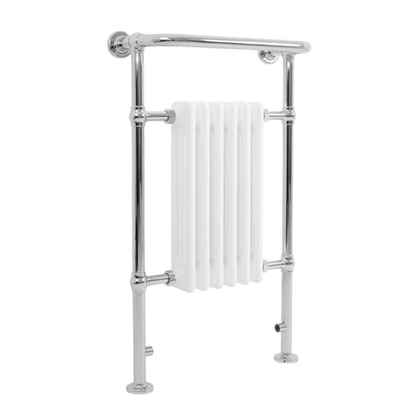 Klassischer beheizter Handtuchheizkörper in Weiß, 950 mm x 570 mm, mit glänzendem Chromrahmen und vertikalen Heizrippen