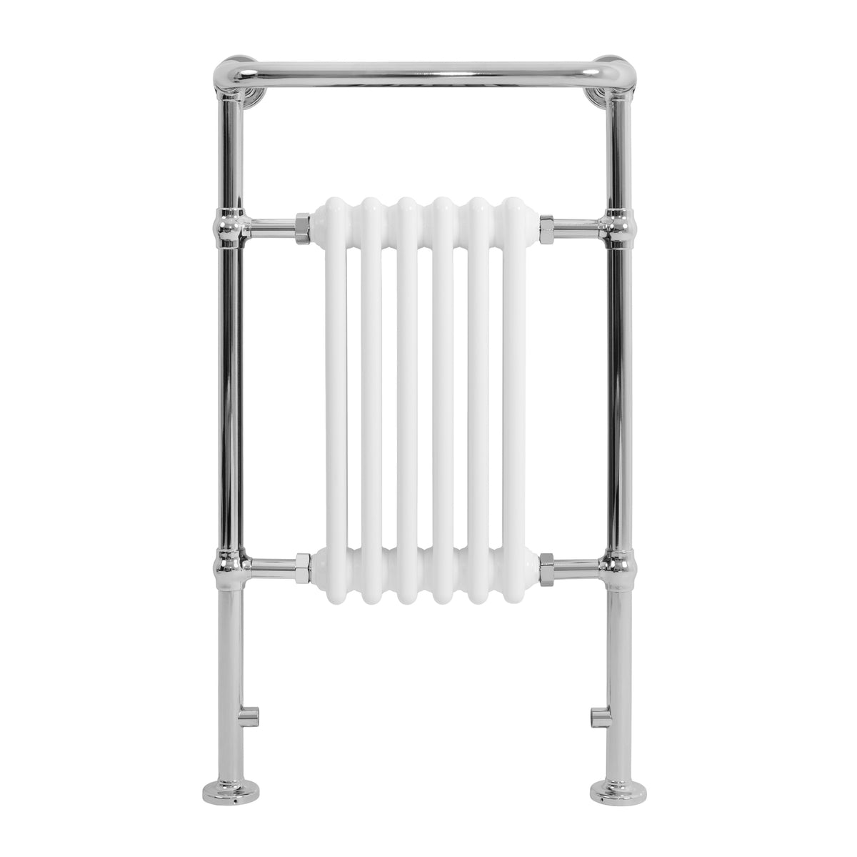 Klassischer beheizter Handtuchheizkörper in Weiß, 950 mm x 570 mm, mit glänzendem Chromrahmen und eleganten, gerippten Elementen