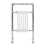 Klassischer beheizter Handtuchheizkörper in Weiß, 950 mm x 570 mm, mit glänzendem Chromrahmen und eleganten, gerippten Elementen