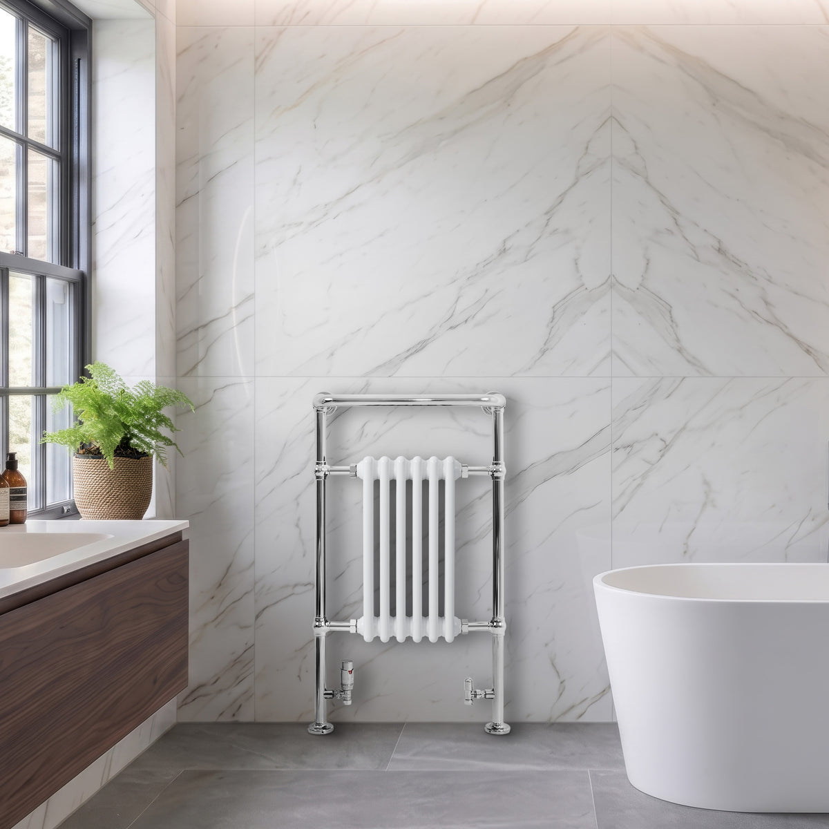 Klassischer beheizter Handtuchheizkörper in Weiß, 950 mm x 570 mm, mit eleganten, geraden Linien und glänzender Oberfläche in modernem Badezimmer