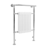 Klassischer beheizter Handtuchheizkörper in Weiß mit glänzenden Chromdetails, 950 mm hoch und 660 mm breit, ideal für Badezimmer