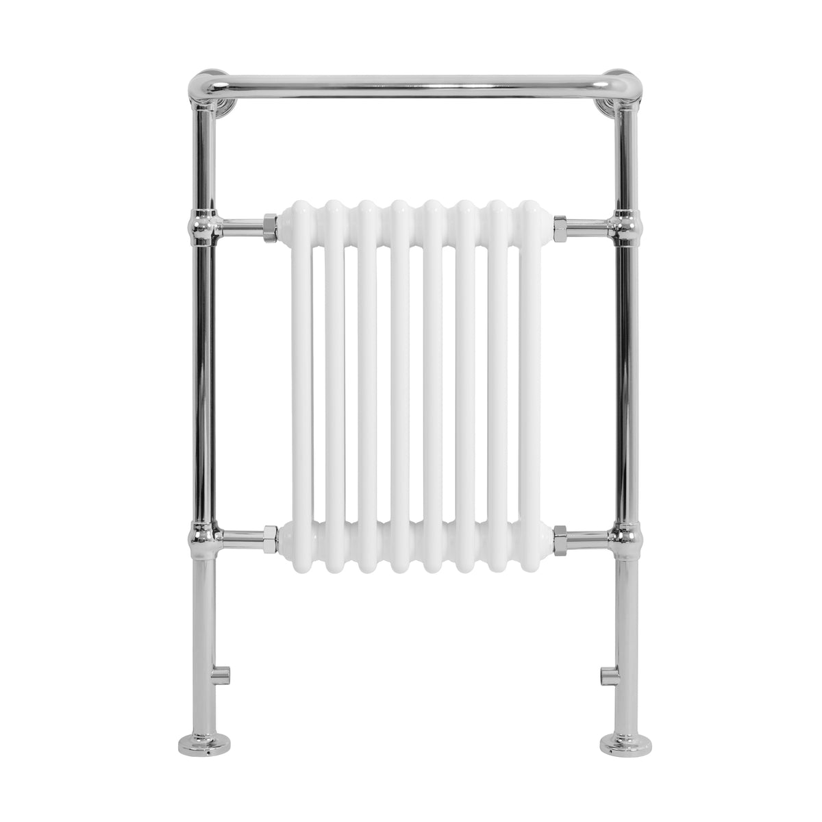 Klassischer beheizter Handtuchheizkörper in Weiß mit glänzendem Chromrahmen, 950 mm x 660 mm, elegantes Design und glatte Oberfläche