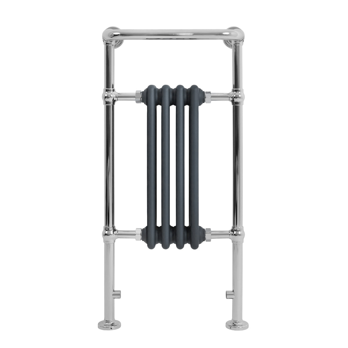 Klassischer beheizter Handtuchheizkörper in Anthrazitgrau, 950 mm x 480 mm, mit glänzenden verchromten Rohren und eleganter, moderner Form
