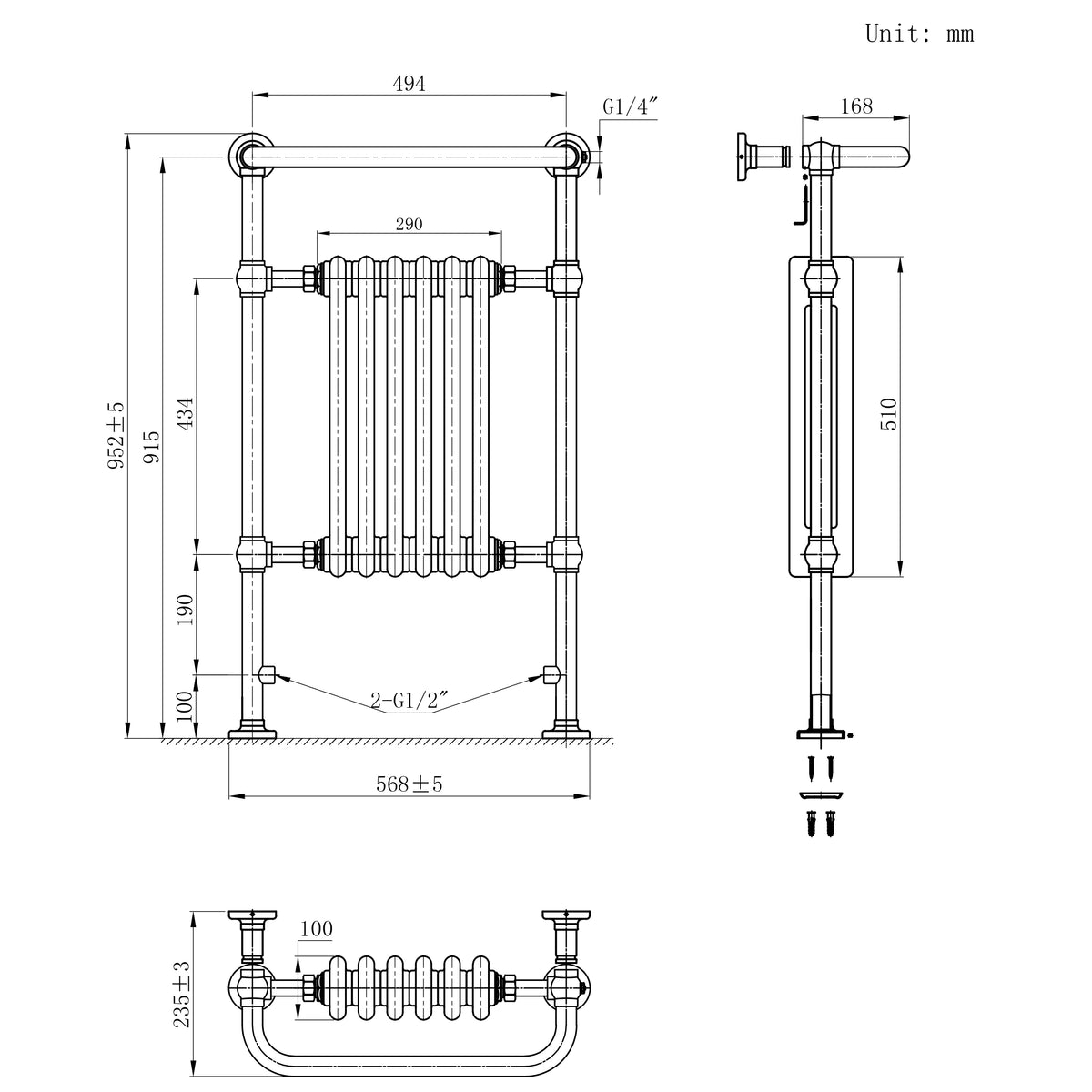 Klassicher Beheizter Handtuchheizkörper – 950 mm x 570 mm – Anthrazitgrau - view 5
