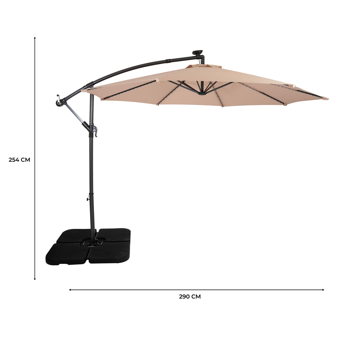 LED Ausleger-Sonnenschirm 3m mit Quadratischem Beschwerungsfuß – Beige