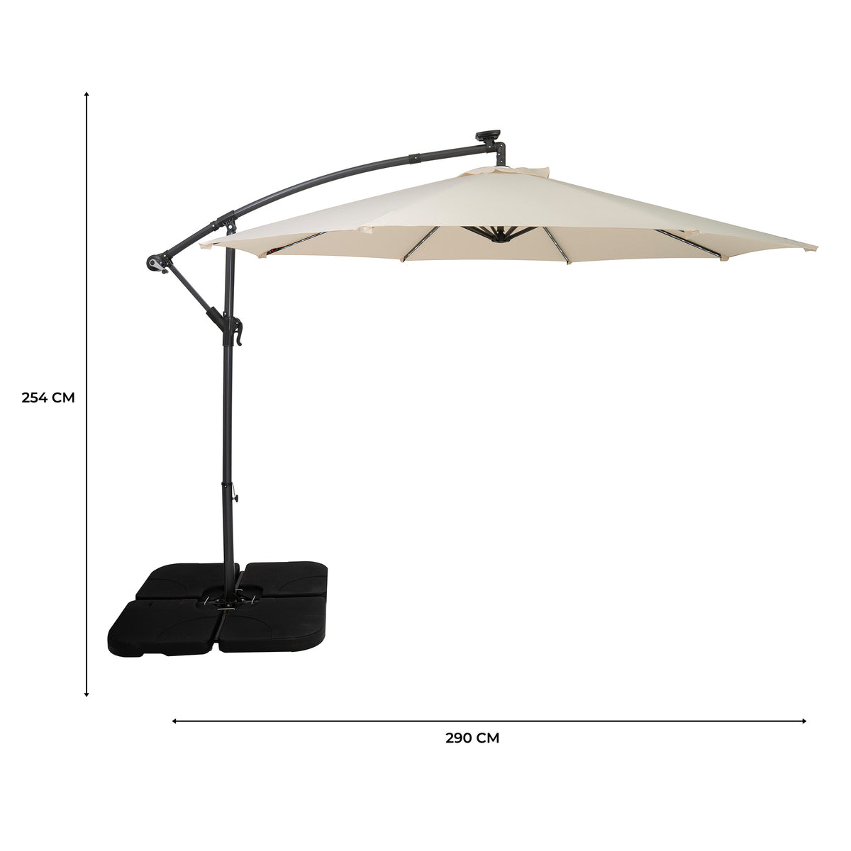 LED Ausleger-Sonnenschirm 3m mit Quadratischem Beschwerungsfuß – Creme