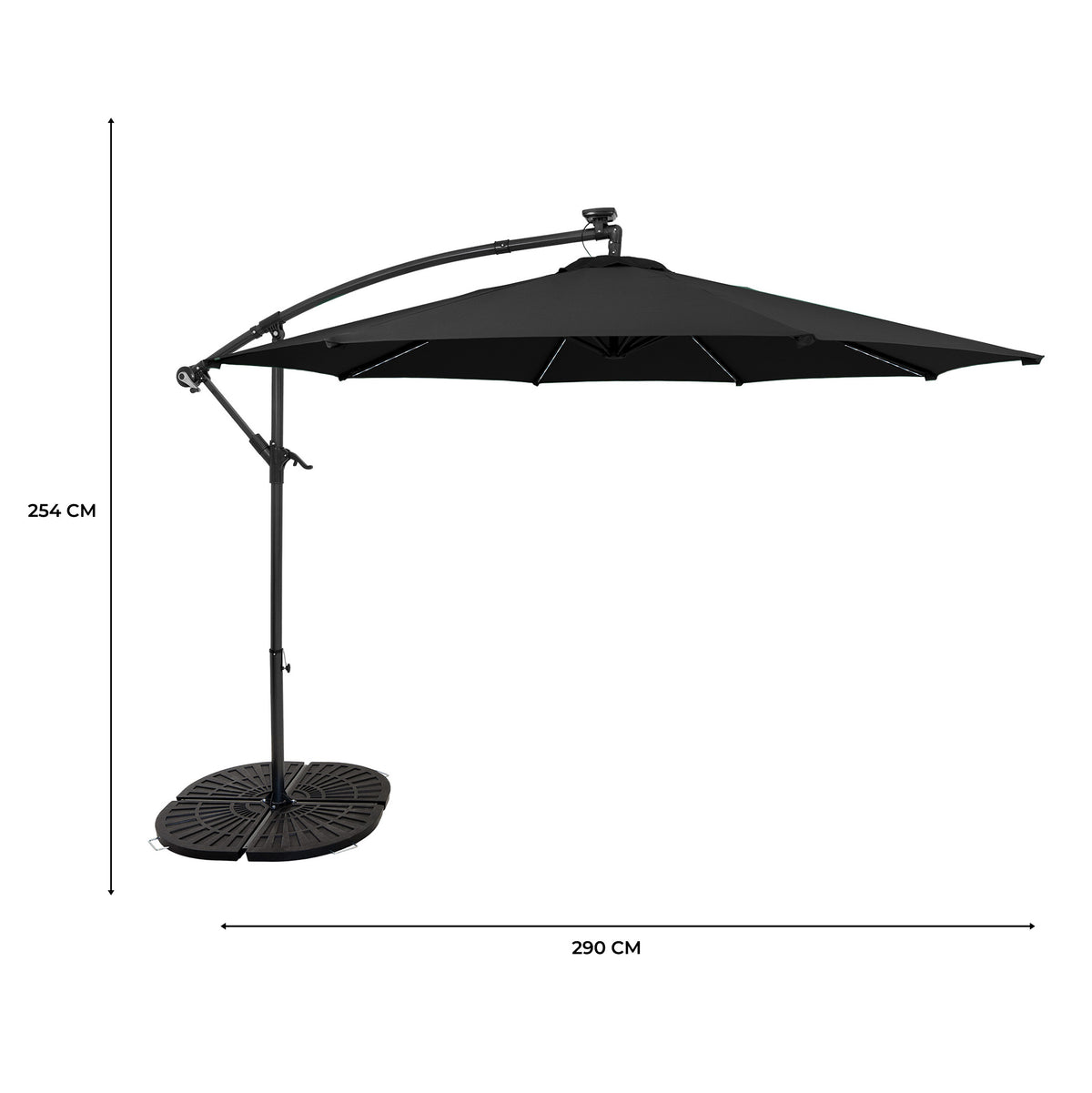 LED Ausleger-Sonnenschirm 3m mit Beschwerungsfuß - Schwarz