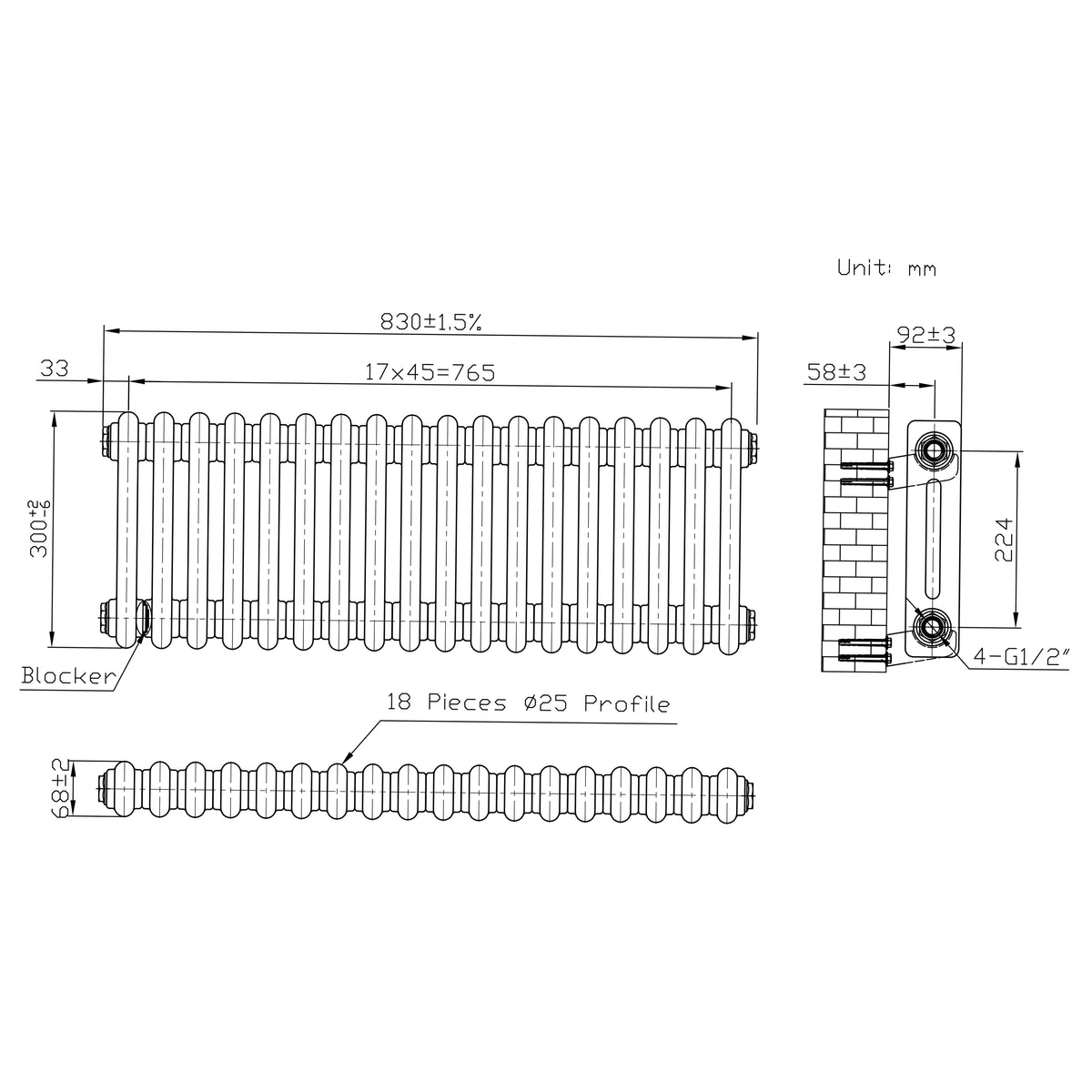 Klassischer 2-Säulen-Heizkörper mit TRV  – 300 x 830 mm – Rohmetall