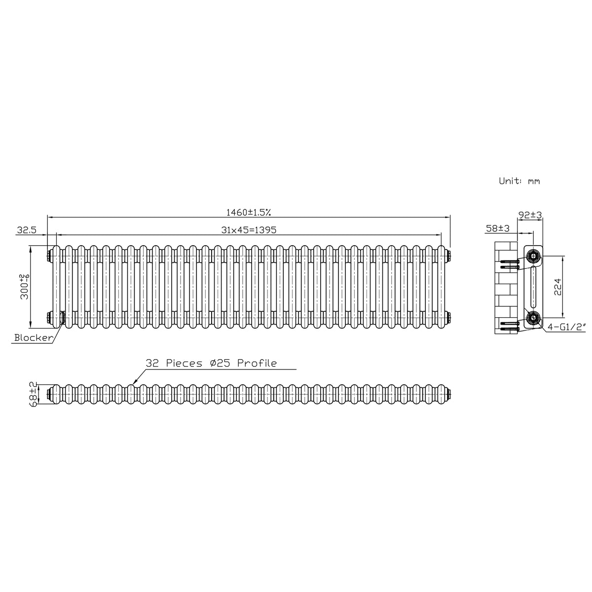 Klassischer 2-Säulen-Heizkörper mit TRV – 300 x 1460 mm - Rohmetall - view 5