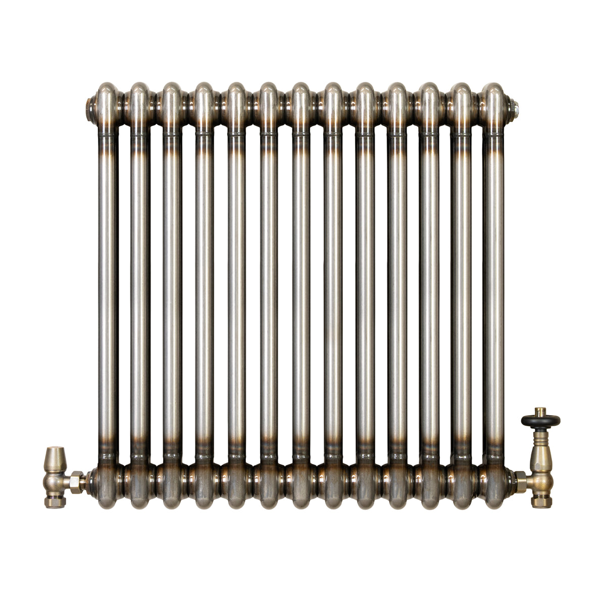 Klassischer 2-Säulen-Heizkörper aus Rohmetall mit glänzender Oberfläche, 600 x 605 mm, verleiht jedem Raum industriellen Charme