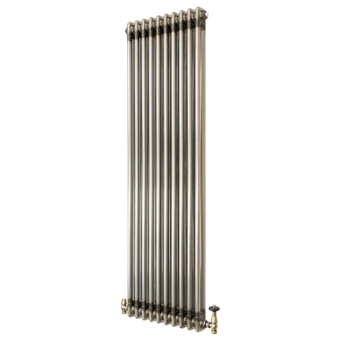 Klassischer 2-Säulen-Heizkörper aus Rohmetall in silberner Farbe, vertikal, mit TRV, 1500 x 470 mm, glänzende Oberfläche und elegante Linienführung