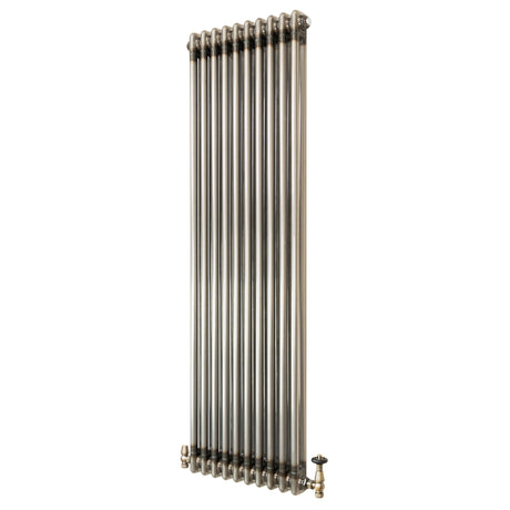 Klassischer 2-Säulen-Heizkörper aus Rohmetall in silberner Farbe, vertikal, mit TRV, 1500 x 470 mm, glänzende Oberfläche und elegante Linienführung