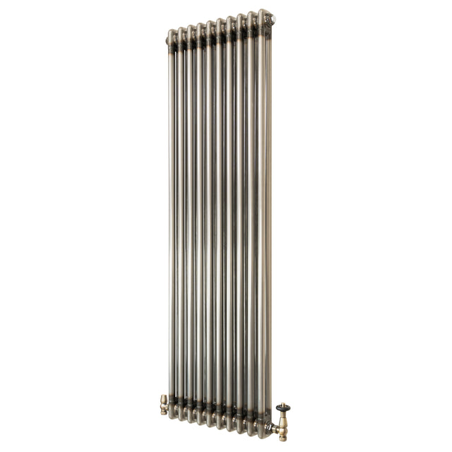 Klassischer 2-Säulen-Heizkörper aus Rohmetall in silberner Farbe, vertikal, mit TRV, 1500 x 470 mm, glänzende Oberfläche und elegante Linienführung
