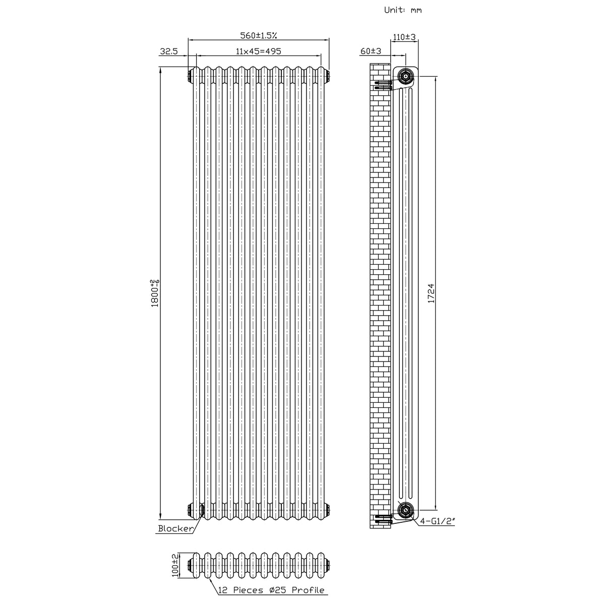 Klassischer 3-Säulen-Heizkörper mit TRV – 1800 x 560 mm - Rohmetall - view 5