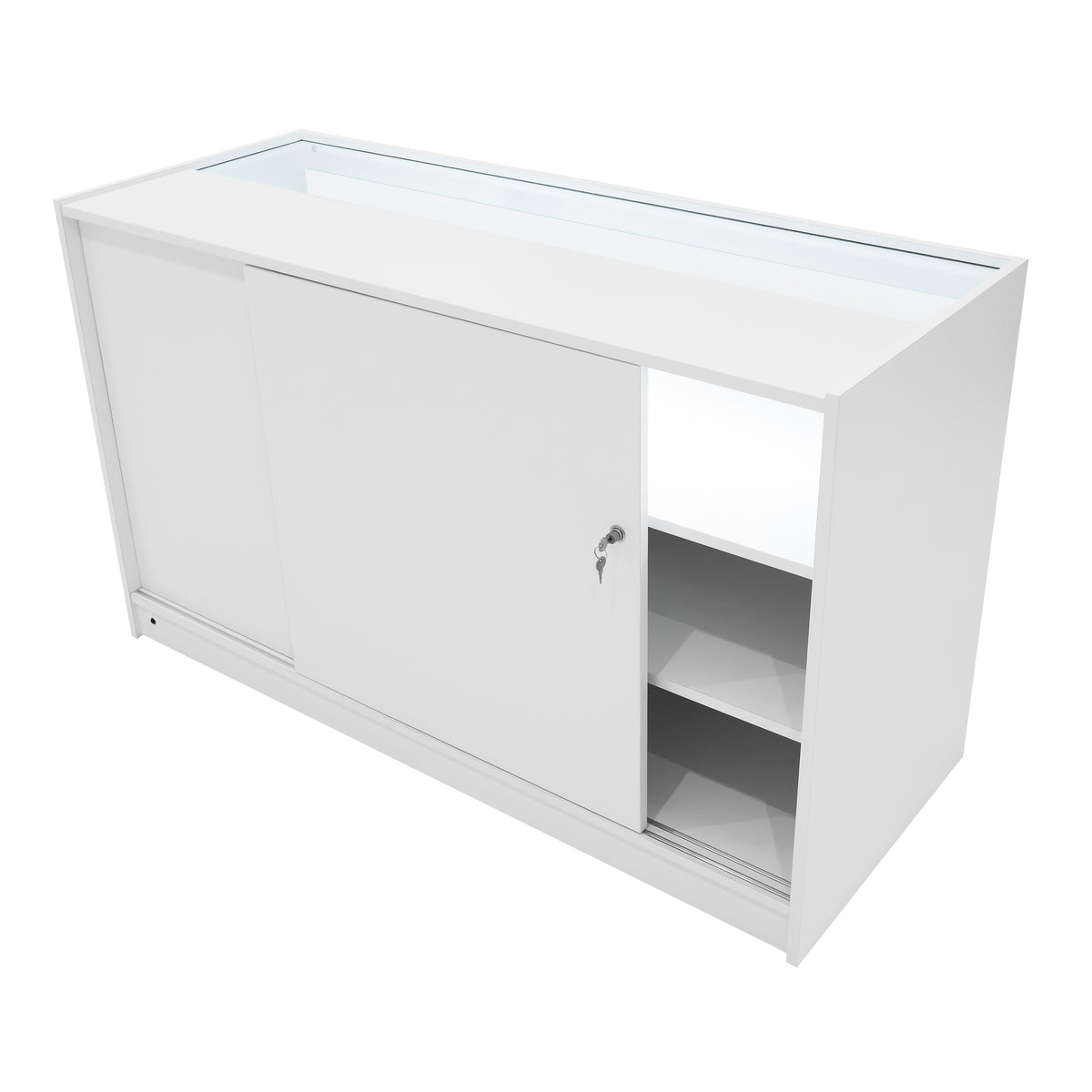 Moderne, weiße LED-Ladentheke mit Schiebetür, Glasoberfläche und offenen Regalen für eine elegante Präsentation von Produkten