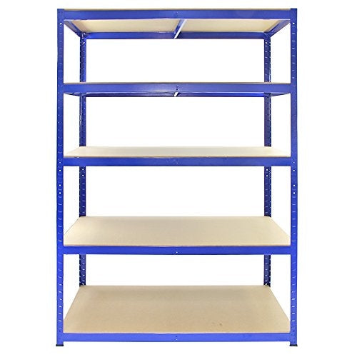 Blaues Monster Racking T-Rax Lagerregal mit fünf stabilen Regalböden aus Holz, ideal für Lagerung und Organisation in Werkstätten oder Garagen