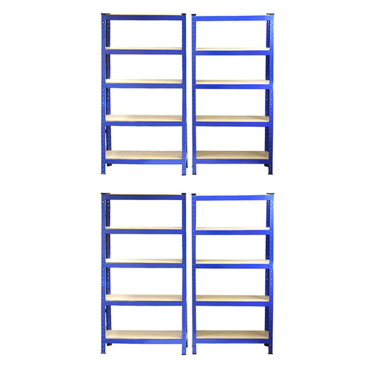 Vier blaue Monster Racking T-Rax Lagerregale mit hellen Holzregalen, stabiler Metallrahmen, ideal für die Aufbewahrung und Organisation von Gegenständen