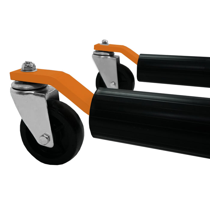 Schwarze Rollen mit silbernen Halterungen und leuchtend orangefarbenen Griffen, ideal für Möbel oder Transportwagen, bieten Stabilität und Mobilität