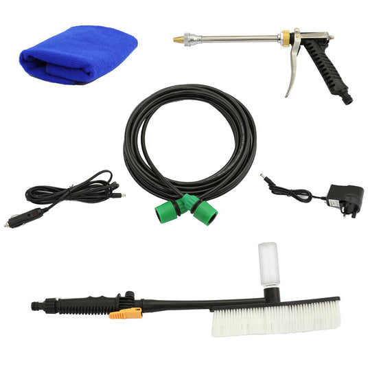Hochdruckreiniger-Zubehörset mit Spritzpistole, Bürste, Schlauch, Ladegerät und Mikrofasertuch in Blau, ideal für effektive Reinigung und Pflege