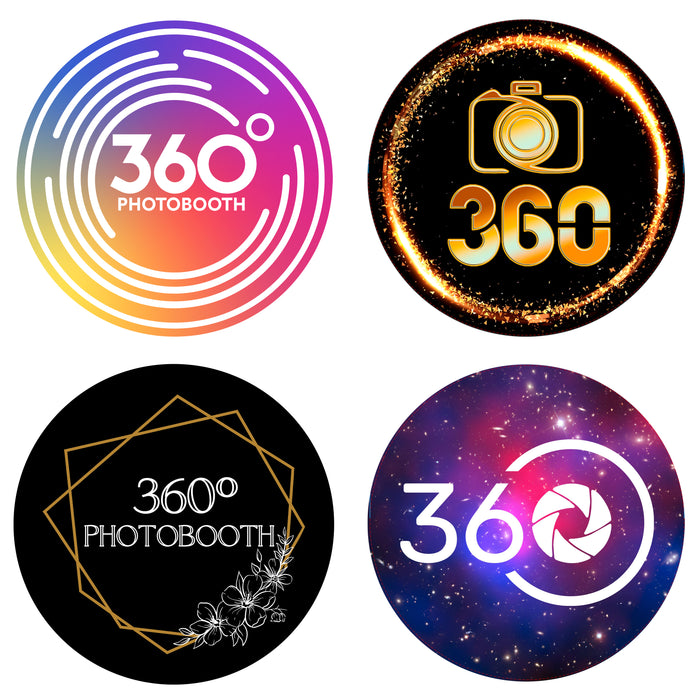 Bunte Logos für einen 360° Fotobooth, mit verschiedenen Designs in leuchtenden Farben, geometrischen Formen und kreativen Elementen auf schwarzem Hintergrund