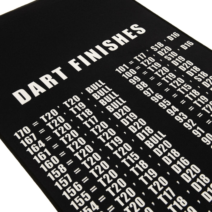 Schwarze Dartmatte mit weißen, großen Buchstaben, die verschiedene Punktzahlen und Dartabschlüsse auflisten, klar und gut lesbar
