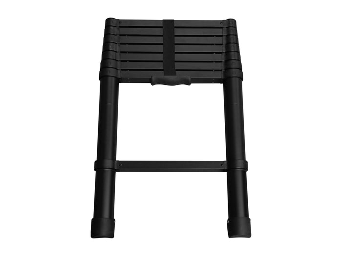 Schwarzer, faltbarer Hocker aus Aluminium mit stabilen, rutschfesten Füßen und einem ergonomischen Sitz, ideal für Camping und Outdoor-Aktivitäten