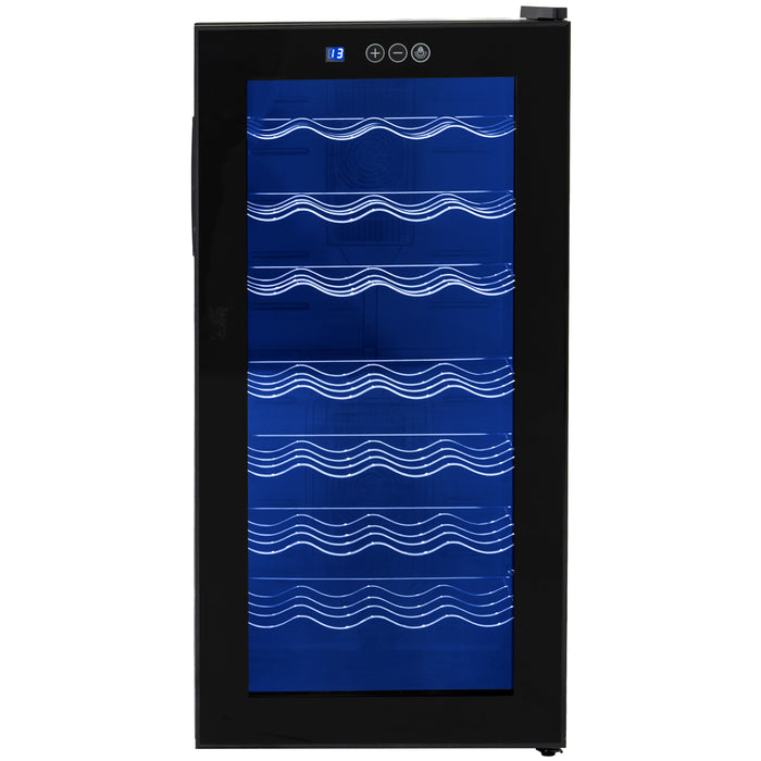Eleganter schwarzer Weinkühlschrank mit blauer LED-Beleuchtung, sechs Regalen für Flaschen, glatter Glasfront und modernen Bedienelementen