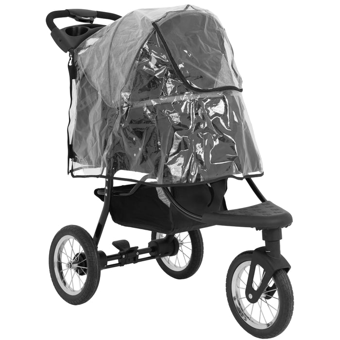 Transparente Regenabdeckung für einen Kinderwagen, schützt vor Nässe, mit elastischen Kanten und durchsichtiger Oberfläche für Sichtbarkeit und Belüftung