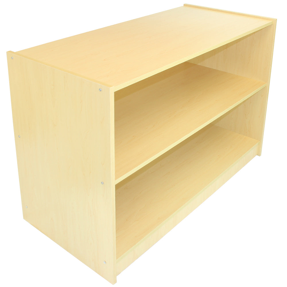 Verkaufstheke aus hellem Ahornholz mit zwei offenen Regalen, glatte Oberfläche und moderne, minimalistische Form, ideal für Verkaufsräume