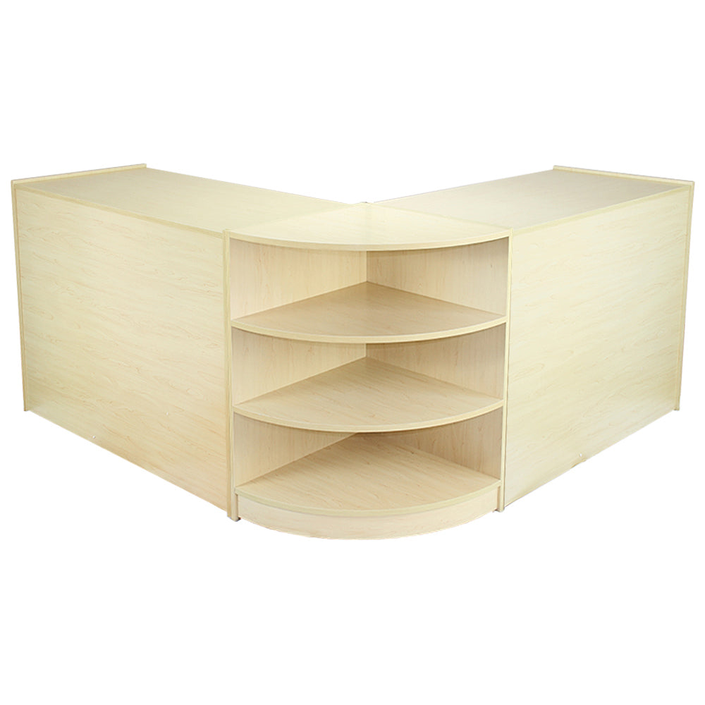 Moderne Venus Verkaufstheke in hellem Holzdesign, mit abgerundeten Kanten und offenen Regalen für eine ansprechende Ladeneinrichtung