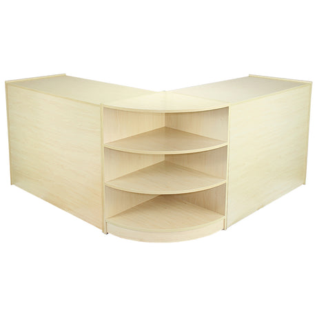 Moderne Venus Verkaufstheke in hellem Holzdesign, mit abgerundeten Kanten und offenen Regalen für eine ansprechende Ladeneinrichtung