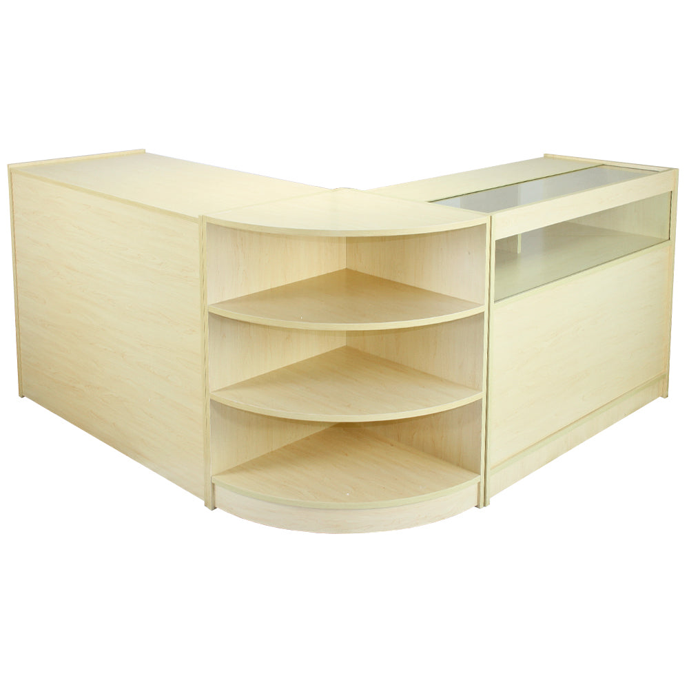 Moderne Zenith Ladentheke in hellem Holzdekor, mit abgerundeten Ecken, offenen Regalen und einer Glasvitrine für ansprechende Produktpräsentation