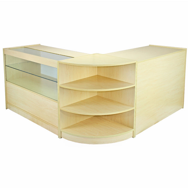 Moderne Verkaufstheke aus hellem Ahornholz mit gläserner Vitrine, runden Regalen und eleganter, geschwungener Form für ansprechende Präsentation