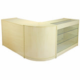 Verkaufstheke aus hellem Ahornholz mit gläserner Vitrine, abgerundeten Kanten und modernem Design, ideal für Einzelhandelsgeschäfte