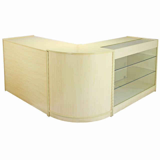 Verkaufstheke aus hellem Ahornholz mit gläserner Vitrine, abgerundeten Kanten und modernem Design, ideal für Einzelhandelsgeschäfte