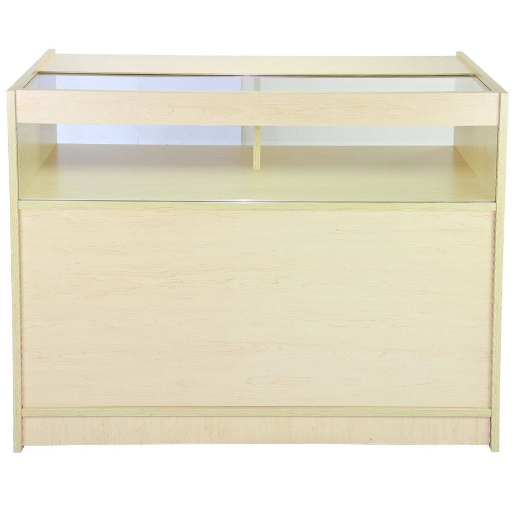 Verkaufstheke aus hellem Ahornholz mit gläserner Ablage, modernem Design und glatter, glänzender Oberfläche, ideal für Empfangsbereiche