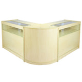 Moderne Fusion Ladentheke aus hellem Ahornholz mit gläsernen Vitrinen, abgerundeten Kanten und eleganter, minimalistischer Form