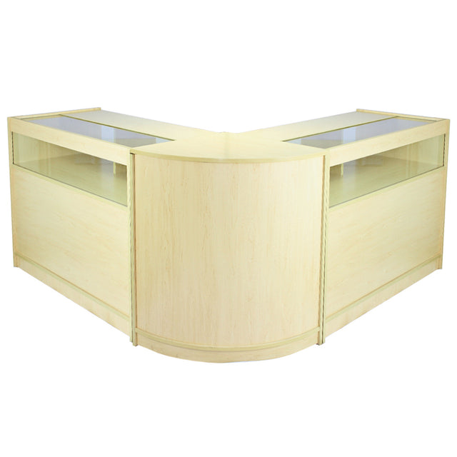 Moderne Fusion Ladentheke aus hellem Ahornholz mit gläsernen Vitrinen, abgerundeten Kanten und eleganter, minimalistischer Form
