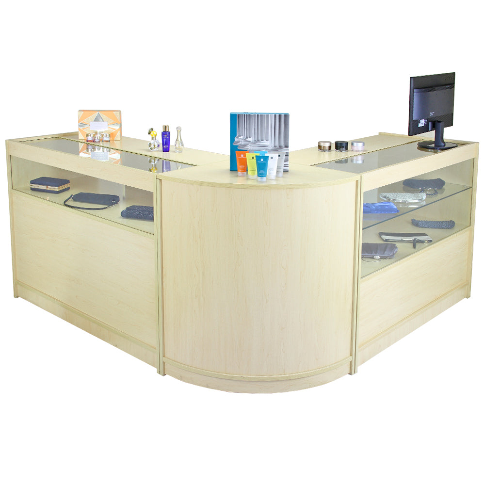 Moderne Empfangstheke in Ahornholz-Optik, mit gläsernen Vitrinen, abgerundeten Kanten und eleganter Oberfläche, ideal für Büros oder Geschäfte