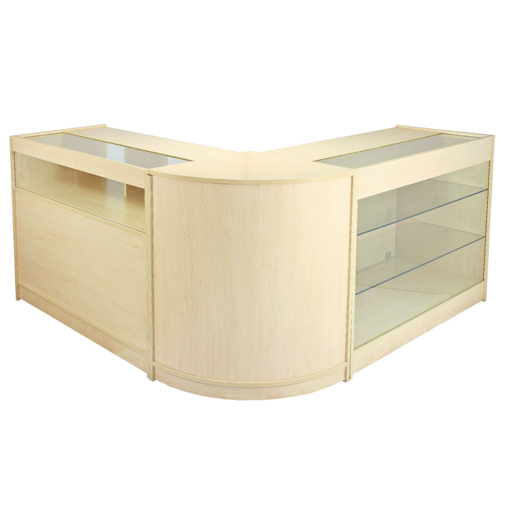 Elegante Empfangstheke aus hellem Ahornholz mit geschwungenen Kanten, Glasflächen und offenen Regalen für eine ansprechende Präsentation