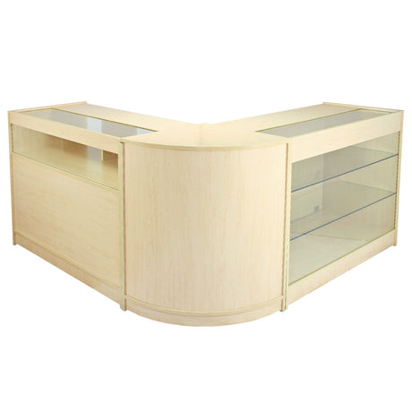 Elegante Empfangstheke aus hellem Ahornholz mit geschwungenen Kanten, Glasflächen und offenen Regalen für eine ansprechende Präsentation