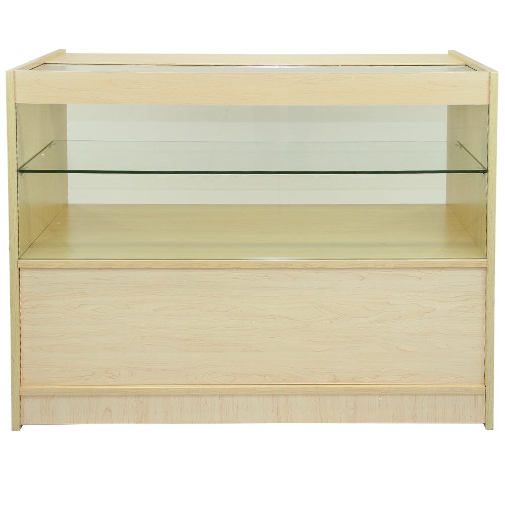 Verkaufstheke aus hellem Ahornholz mit gläsernen Regalen, modernem Design und glatter Oberfläche, ideal für Empfangsbereiche oder Geschäfte