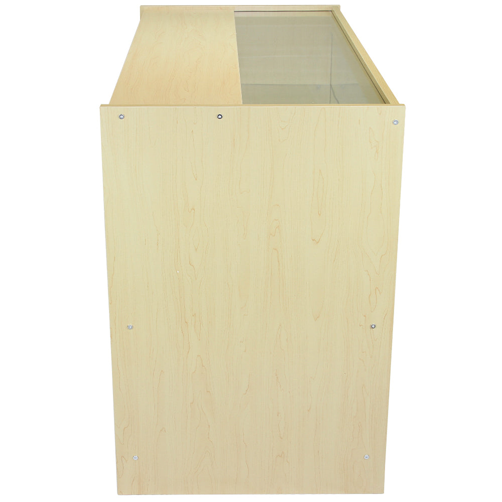 Verkaufstheke aus hellem Ahornholz mit gläserner Oberseite, rechteckiger Form und glatten, modernen Kanten, ideal für Empfangsbereiche oder Geschäfte