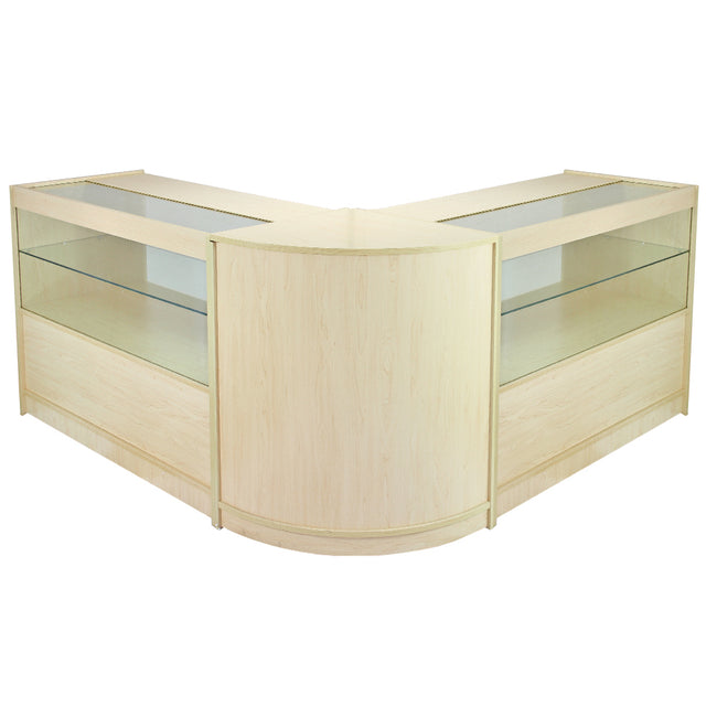 Elegante Vitrine in Ahornholz-Optik mit gläsernen Regalen, abgerundeten Kanten und modernem Design, ideal für die Präsentation von Produkten