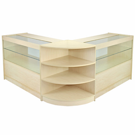 Moderne Empfangstheke in hellem Holz mit gläsernen Vitrinen und offenen Regalen, ideal für Verkaufsräume und Rezeptionen