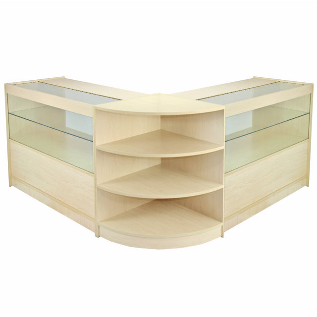Moderne Empfangstheke in hellem Holz mit gläsernen Vitrinen und offenen Regalen, ideal für Verkaufsräume und Rezeptionen