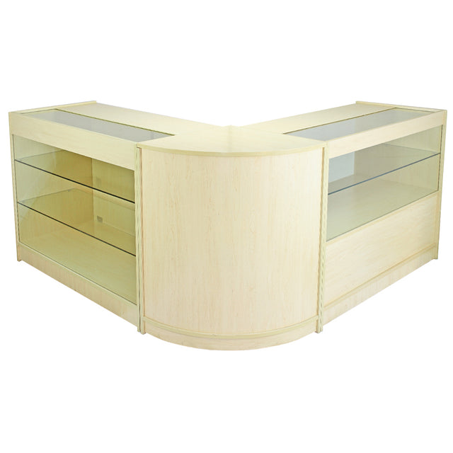 Eleganter Verkaufstisch aus hellem Ahornholz mit Glasflächen, abgerundeten Kanten und offenen Regalen für optimale Produktpräsentation