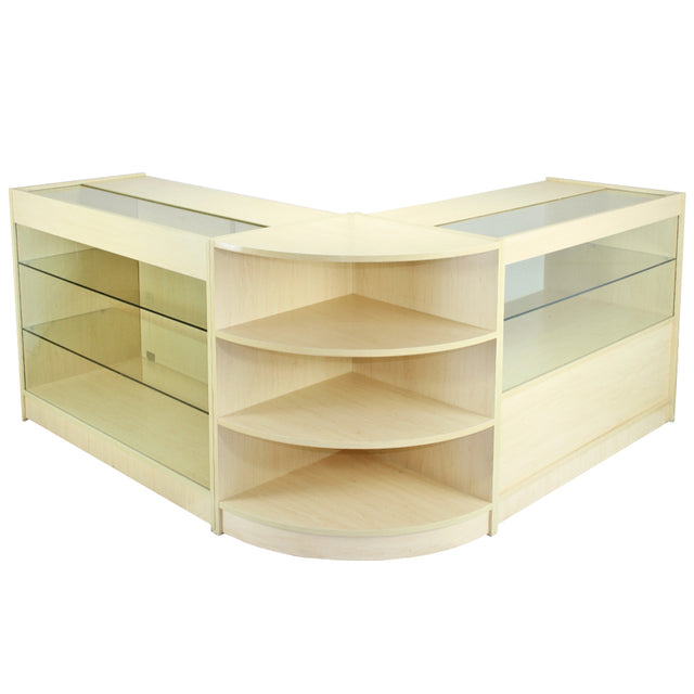 Moderne Jupiter Verkaufstheke in hellem Holz mit Glasregalen, ideal für Kassen- oder Empfangsbereiche, bietet eleganten Stauraum und Sichtbarkeit