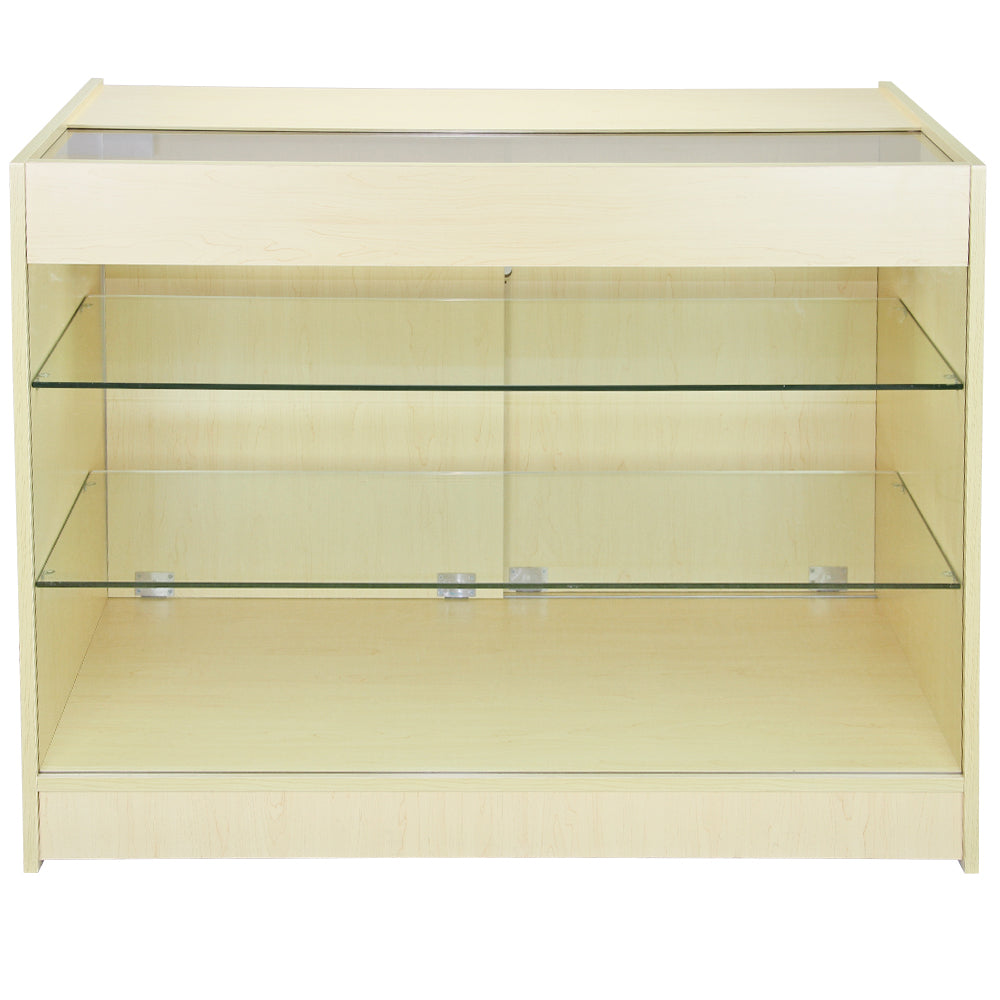 Verkaufstheke aus hellem Ahornholz mit zwei gläsernen Regalen, modernem Design und glatter Oberfläche, ideal für Einzelhandelsgeschäfte